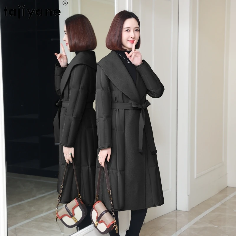 

Tajiyane 90% White Goose Down Jacket Women Winter Elegant Long Down Coats Spliced Wool Coat Lace-up Jaqueta Feminina Inverno