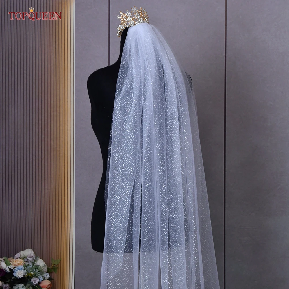 Bridal Veil Topqueen V101 Sparking Golden Cathedral Length Champagne Colored Sequins Royal Wedding Accessories