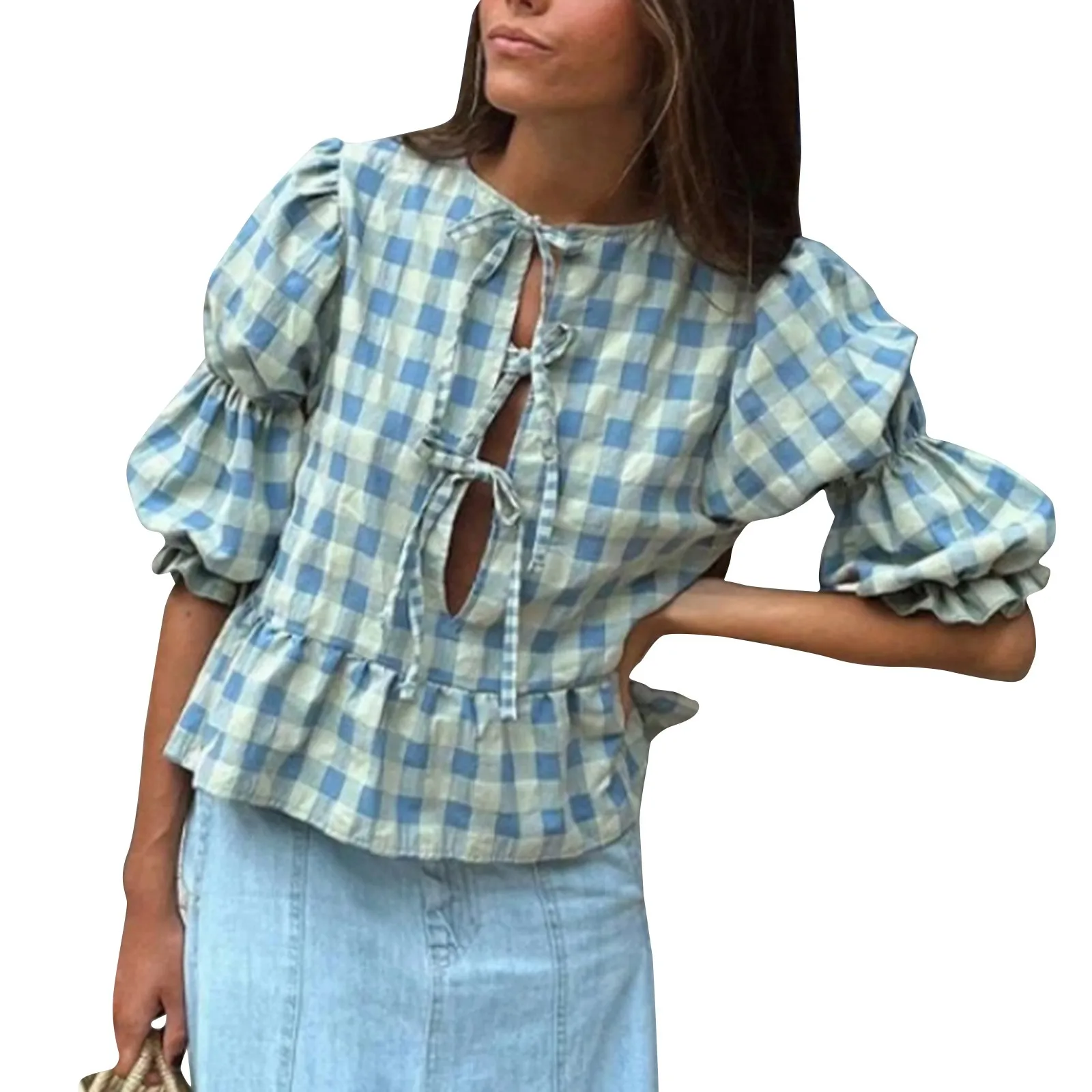 

Women Plaid Bow Lace Up T Shirt Casual Loose Round Neck Puff Long Sleeve Short Top 2024 New Elegant Female Commute Street Blouse