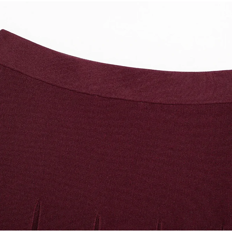 _ Women Skirts 2 Piece Set Burgundy Knitted Lapel Long Sleeve Button Cardigans Pleat High Waist A-line Skirt 2025 Lady Outfits