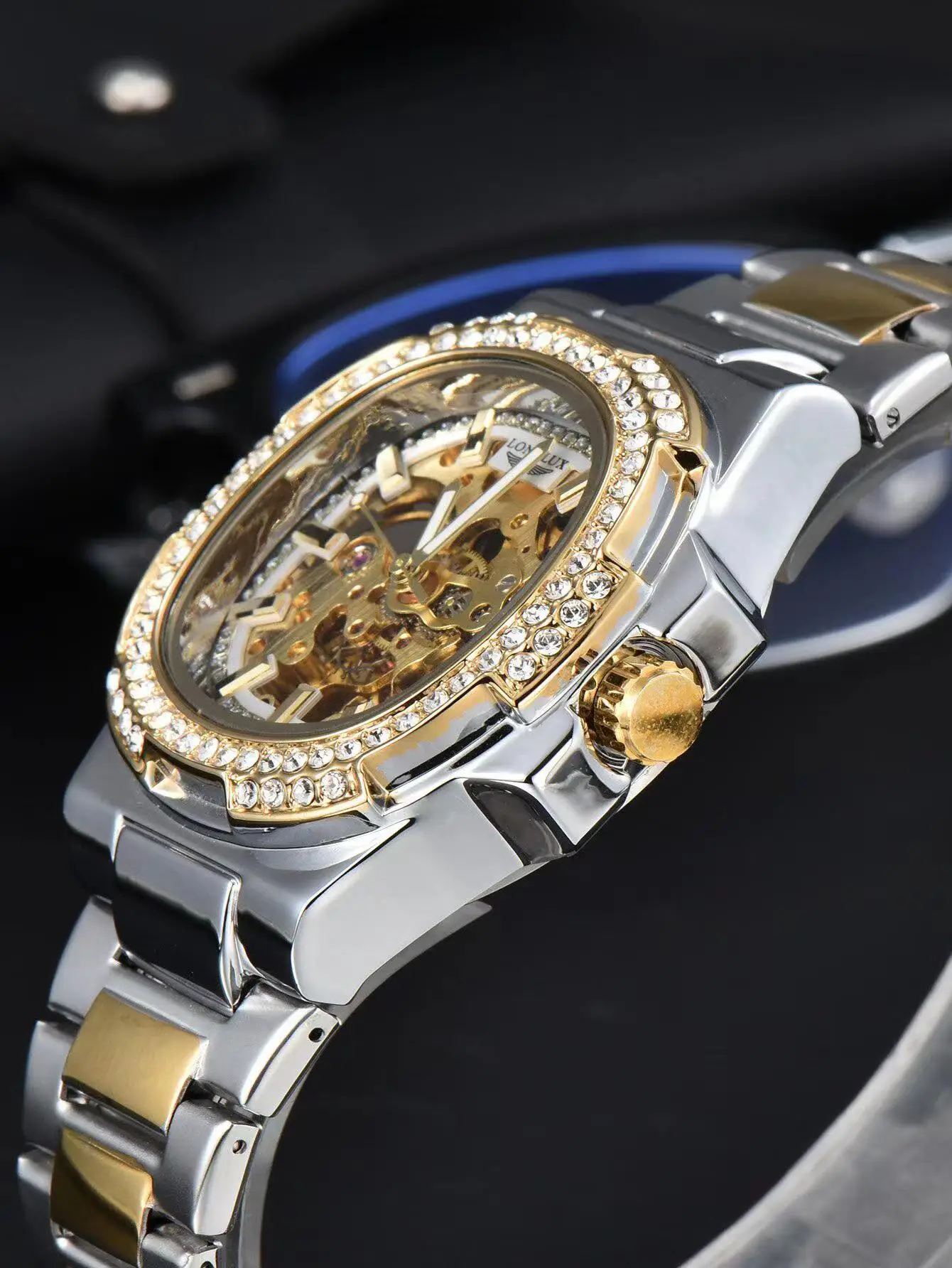 JewelryWe Orologio Meccanico Automatico Uomo - Scheletro Lusso Con Diamanti, Cinturino Acciaio Inox, Impermeabile, Luminoso - 2
