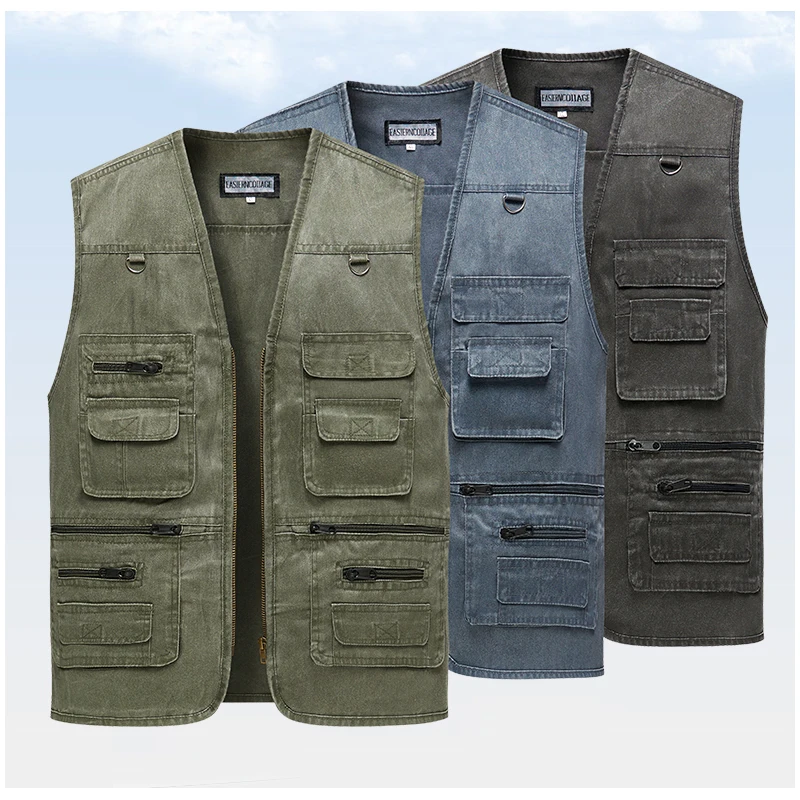 Men's Denim Vest Jacket Casual Sleeveless Waistcoat Driver Cyclist Jackets Multi-pocket Zipper Army Green Blue Work Cargo Vests sleeveless vests