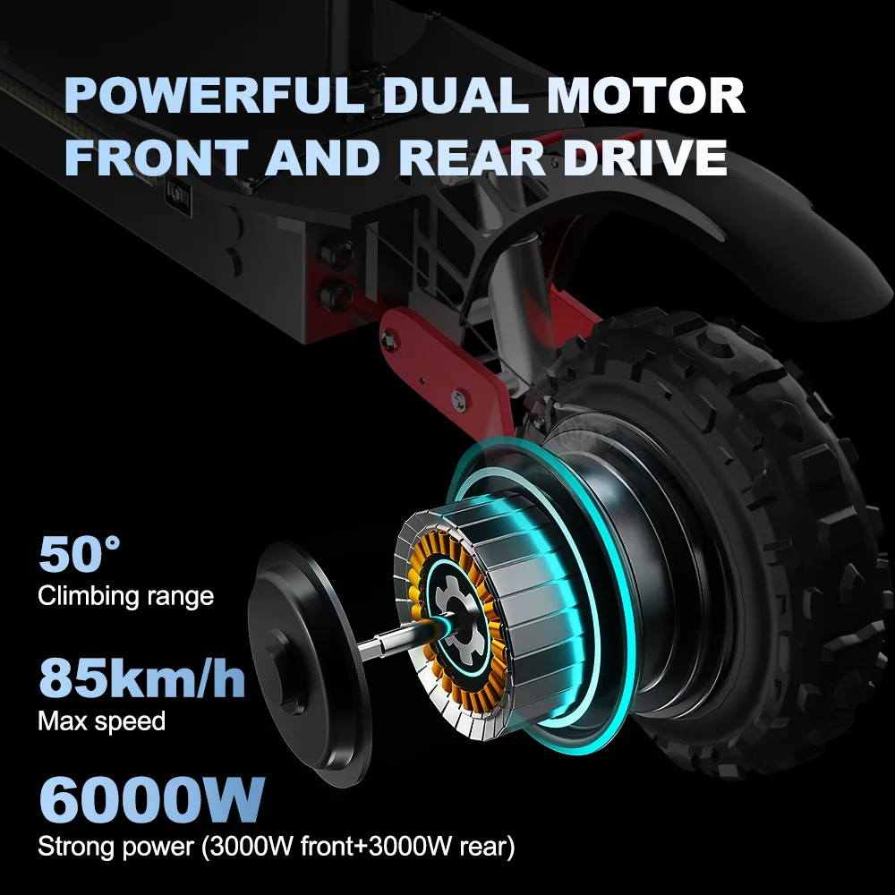 85KM/H 3 Speed Mode Electric Scooter 72V 6000W Powerful Dual Motor Scooter Electric 78KM Long Range EScooter 11" OFF Road Tires