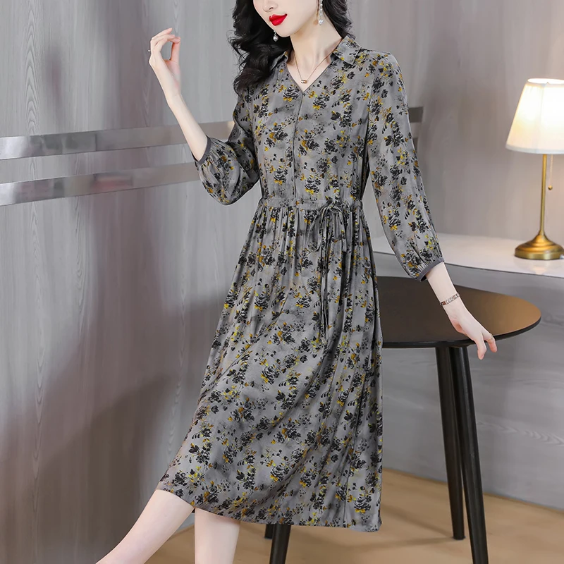 

2023 New Fashion Silk Dress Women's Autumn Vintage V-neck Floral Dress French Loose Fit Casual Party Dress Vestidos