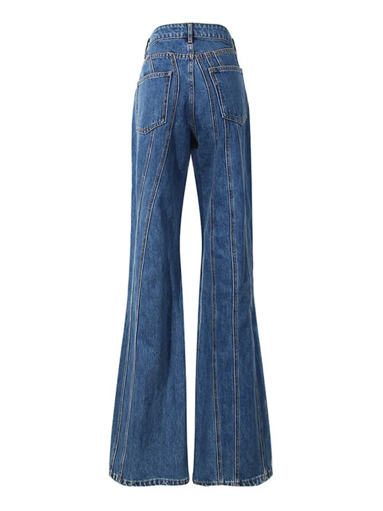 BPN Striped Denim Pants For Women High Waist Asymmetrical Patchwork Pocket Chic Solid Straight Trousers Female Fashion Clothing