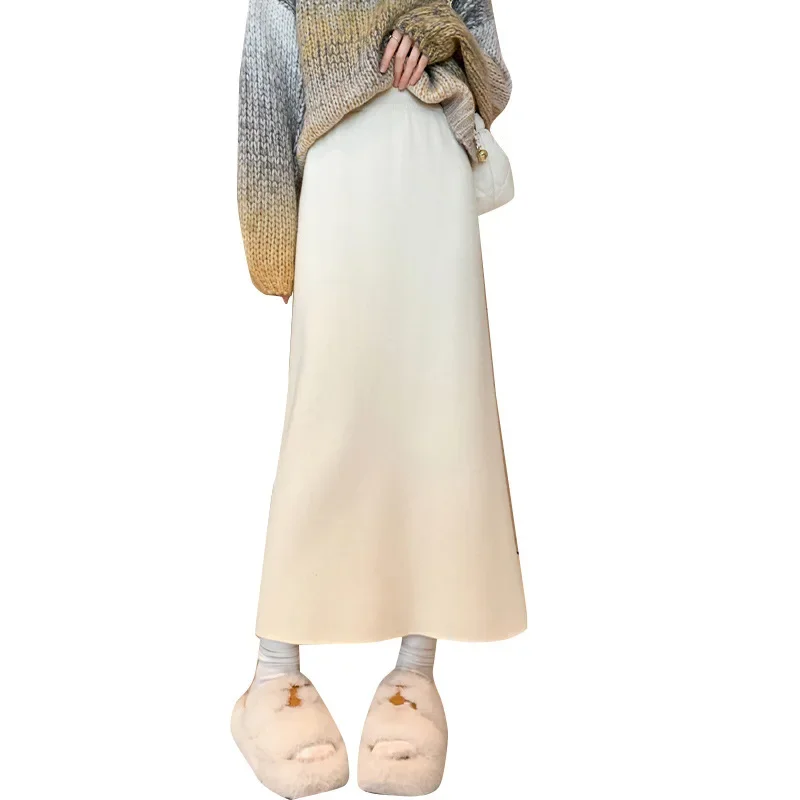 Pregnant Women Knitted Half Skirt Fleece Lined Asymmetrical Straight Leg Mini Skirt for Autumn Winter Versatile Bodycon Dress