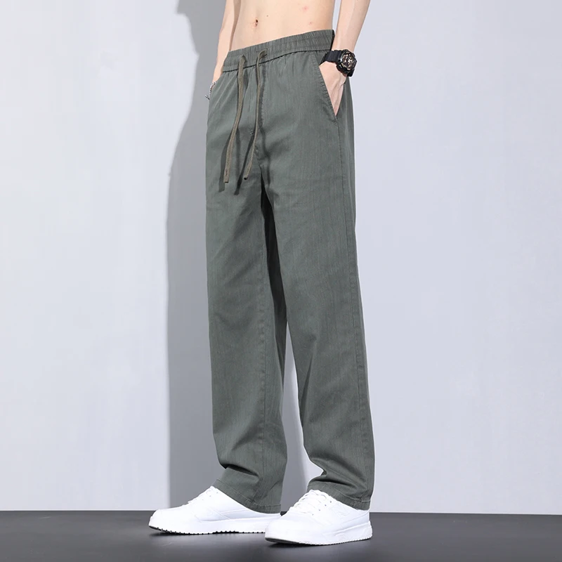 Spring Autumn Men's Clothing Solid Color Elastic High Waisted Pockets Drawstring Bandage Casual Retro Trousers Straight Pants