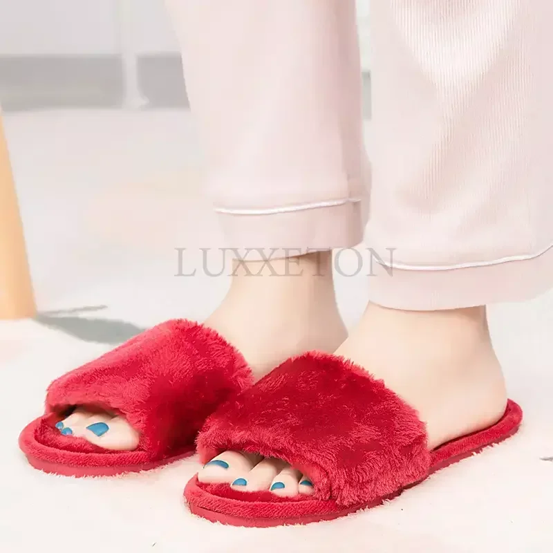 

2022 New Women Winter House Furry Slippers Non-Slip Casual Indoor Flats Floor Shoes Ladies Flip Flops Warm Shoes Solid Colors