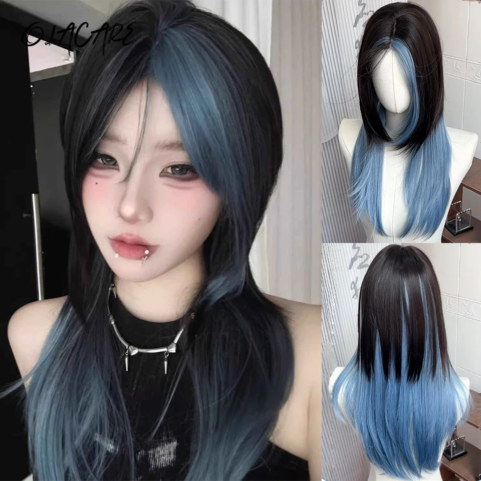 Synthetic Blue Black Straight Wig with Bangs for Women Cosplay