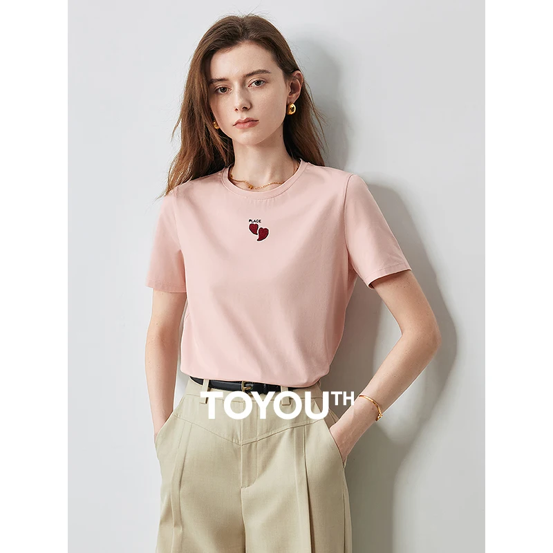 TOYOUTH Women T-shirt Summer New Love Pattern Embroidered Pure Cotton 5A Antibacterial Tops