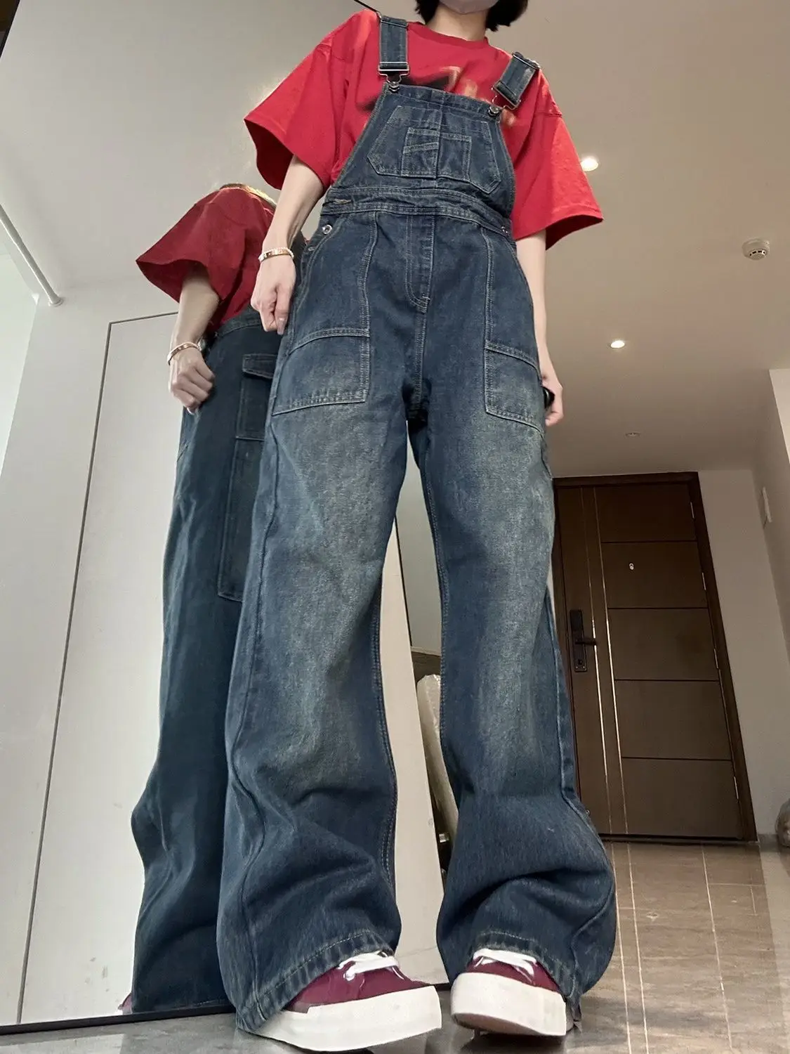 

New Bib Denim Women Overalls Baggy Jean Jumpsuit Rompers Lady Solid Color Pockets Straight Female Suspender Loose Pants T527
