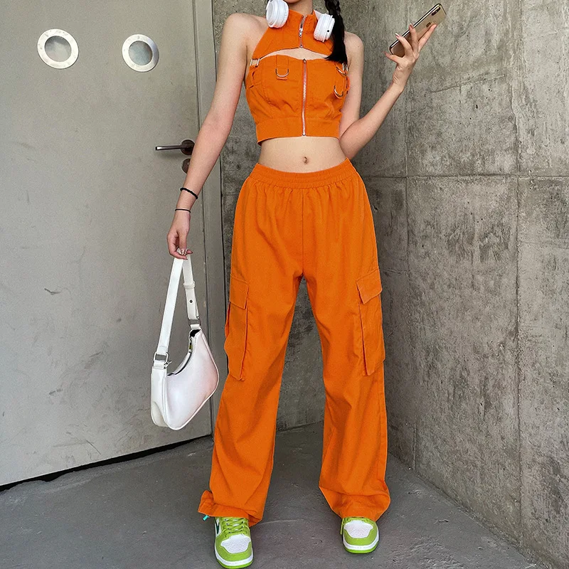 Puloru Orange Baggy Cargo Pants Women Casual High Elasitc Waist Straight-Leg Trousers with Side Pockets Streetwear Sweatpants 6