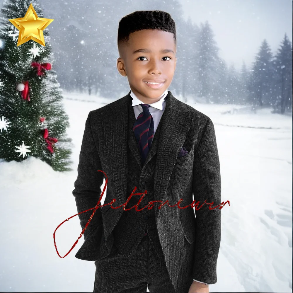 Gray Wool Tweed Winter Boy Suit's For Wedding Formal KidsTuxedo Herringbone Child Fashion 3 Piece (Jacket +Vest +Pants）