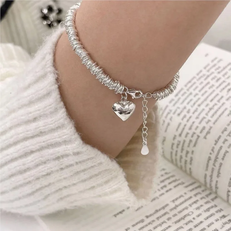 New Fashion Silver Color Heart Pendant Bracelet for Women Thick Chain Sexy Trendy Chain Party Jewelry Gifts
