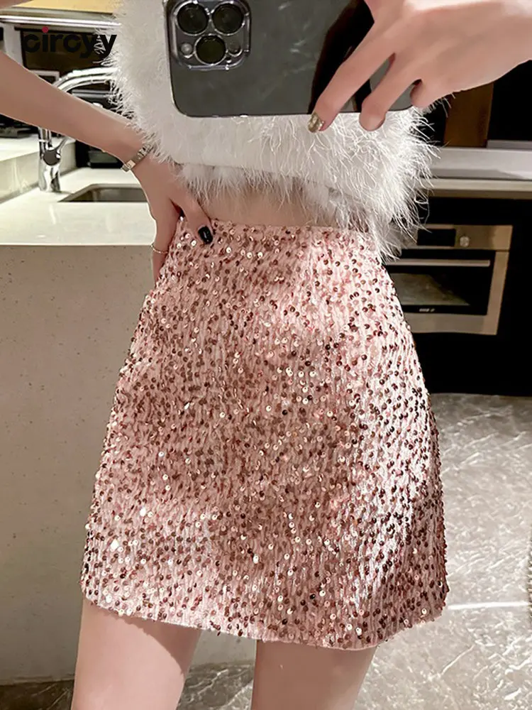 Skirts For Women Shiny Mini Skirt Women Pink Sequins High Waisted Slim Shiny Hot Sexy Girls Y2k Korean Fashion New Summer 2024