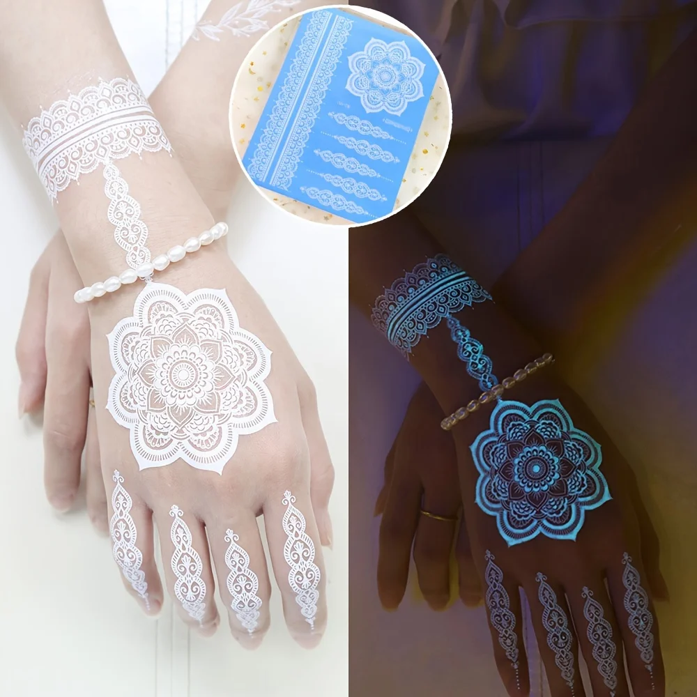 Blue Luminous Henna Tattoo Sticker Girls Tribal White Lace Lotus Tattoos Mandala Flower Fake Jewelry Pendant Temporary Tattoo 3