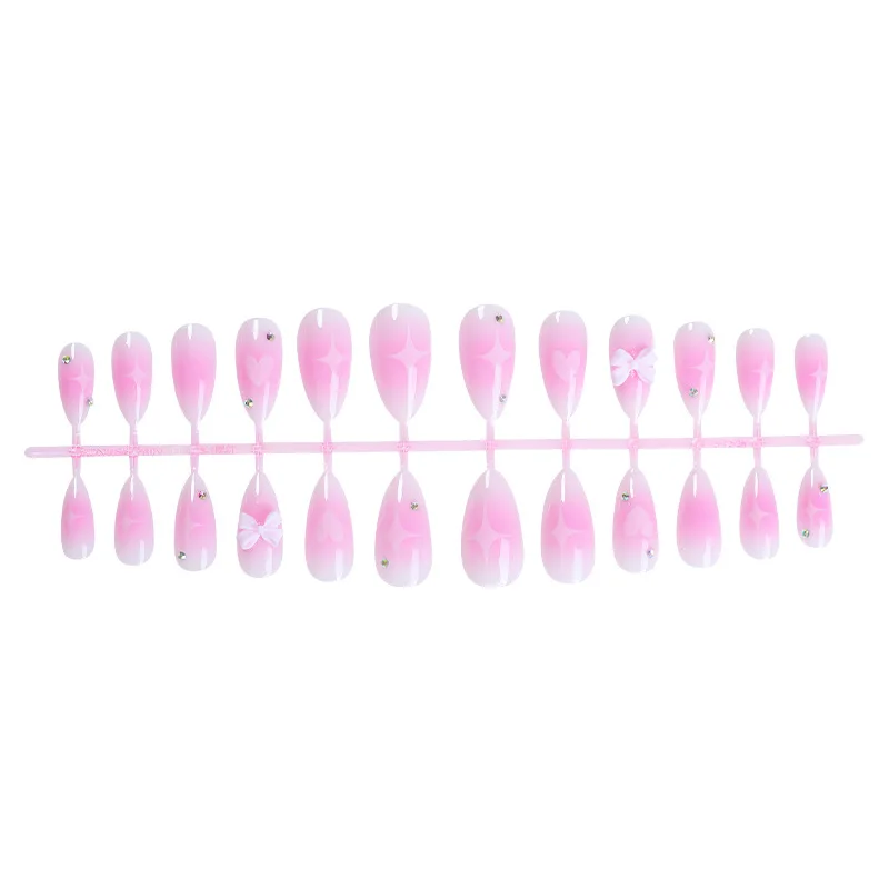 24 Stücke Erröten Rosa Künstliche Nägel Mandel 3D Bowknots Dekoration Drücken Sie Auf Nagel Volle Abdeckung Süße Glänzende Falsche Nägel Tipps für Frauen Mädchen – Detail 6