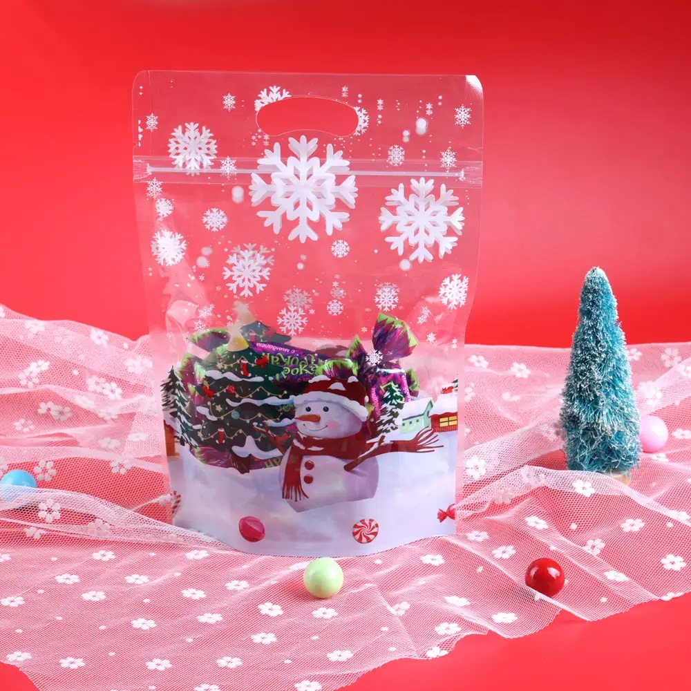 5/10/25 stücke Weihnachten Transparente Kunststoff Cookie Taschen Süßigkeiten Snack Tasche Baum Schneeflocke Neue Jahr Party Dekorationen Griff geschenk taschen – Detail 6