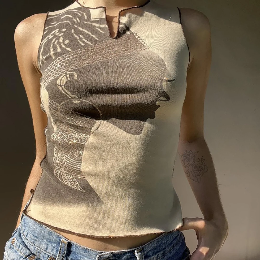 

Women Crop Tank Tops Retro Printing Contrast Color Side Hollow-out Tank Tops Sexy Slim Fit Pullover Vest For Date Travel Beach