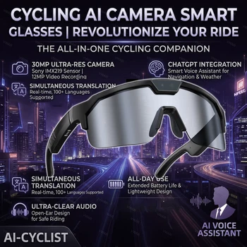 Occhiali Smart AI da Ciclismo 2026 da Uomo con Fotocamera 3000W, Video 1200P, Assistente Vocale AI ChatGPT, 32GB, Oltre 150 Traduzioni, WiFi, Occhiali da Sole Intelligenti