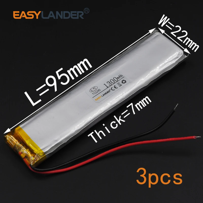 

3pcs/Lot 3.7V 1300mAh Rechargeable li Polymer Li-ion Battery For tachograph LED light Toys Bluetooth Speaker 702295 072295