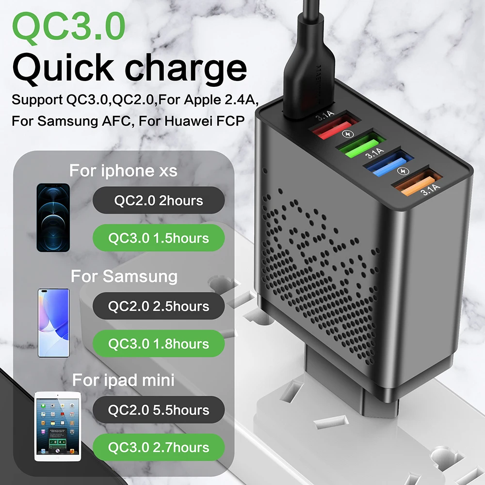 USB Charger Multiple 5 Ports Quick Charge QC3.0 Portable Universal Mobile Phone Fast Wall Adapter for Huawei Xiaomi 14 Samsung