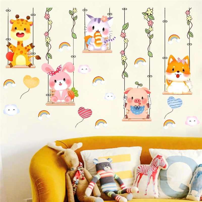 

Happy Cat Pig Fox Rabbit Giraffe Swing Wall Stickers For Kids Bedroom Decoration Animals Mural Art Diy Home Decals Pvc Posters