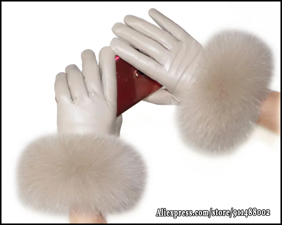 High-end Women's Colored Fox Fur Gloves Touch Screen Natural Leather Sheepskin Cycling Driving Winter Warm Plush Thick Mink Fur