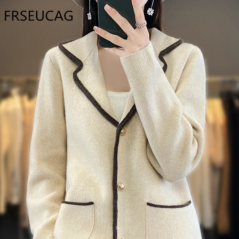 

M-XXL100% wool women's lapel cardigan sweater color knitted autumn and winter new long sleeved cardigan women's cashmere sweater