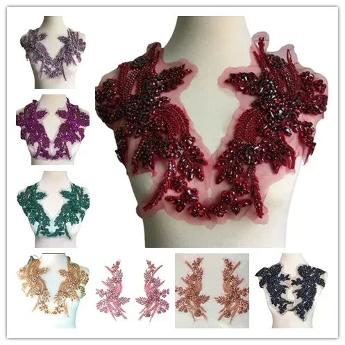 1 Paar mehrfarbige handgenähte Glasbohrer-Spiegelblumen, funkelnde Strass-Bündchen, Schultern, Hochzeitskleid, DIY-Patch RS4075