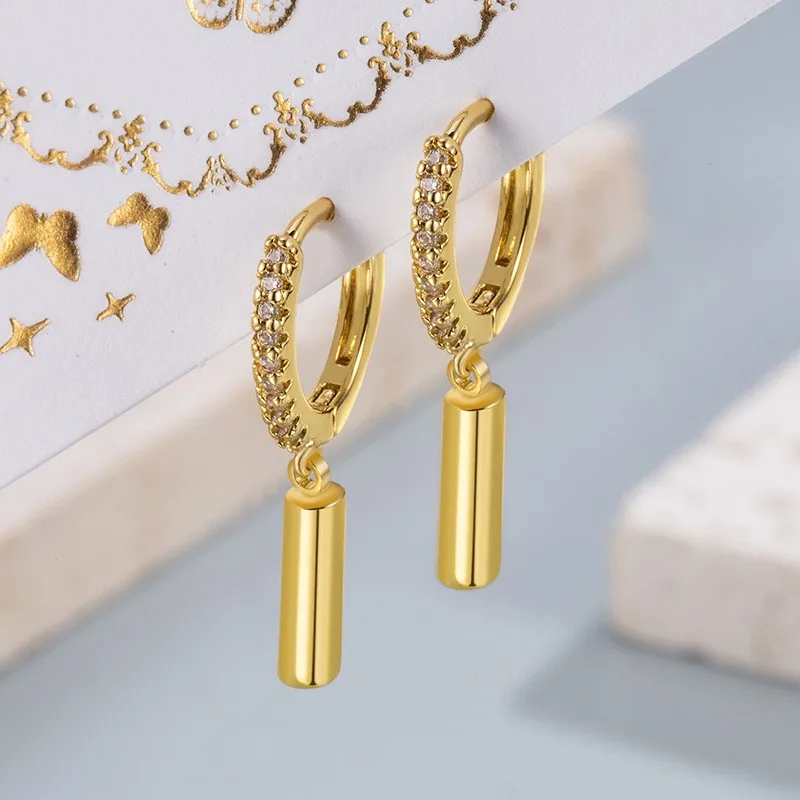 Silver Color Zircon Cylinder Pendant Hoop Earrings for Women Vintage Unique Niche Design Dangle Earring Jewelry Gifts