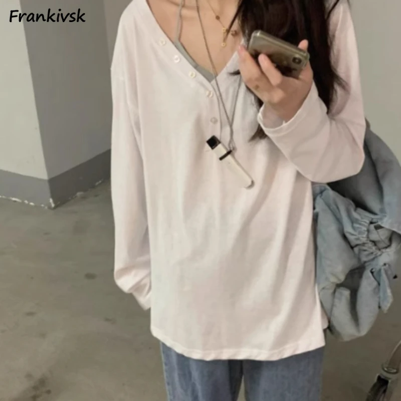 

Women Solid T-shirts Long Sleeve Button Stretchy Spring Comfortable Clothing Casual Korean Style Daily Classical Retro Side-slit