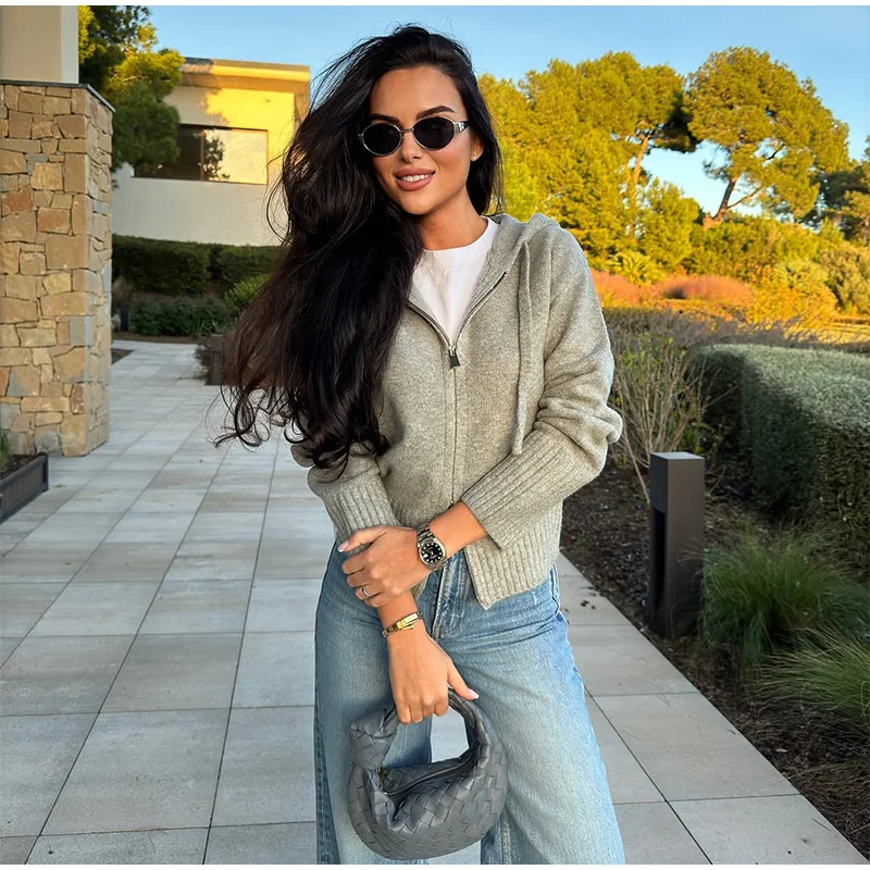 Casual Hooded Cardigans Women Gray Long Sleeve Soft Zipper Ribbed Sweater Female 2025 Spring Fashion Simple Slim-fit Top New