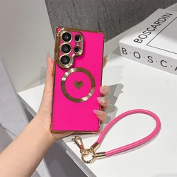 Elegant Love Heart Magnetic Phone Case with Luxury Lanyard - Solid Color Plating Silicone Back Cover - Galaxy S26+ (Rose Red)