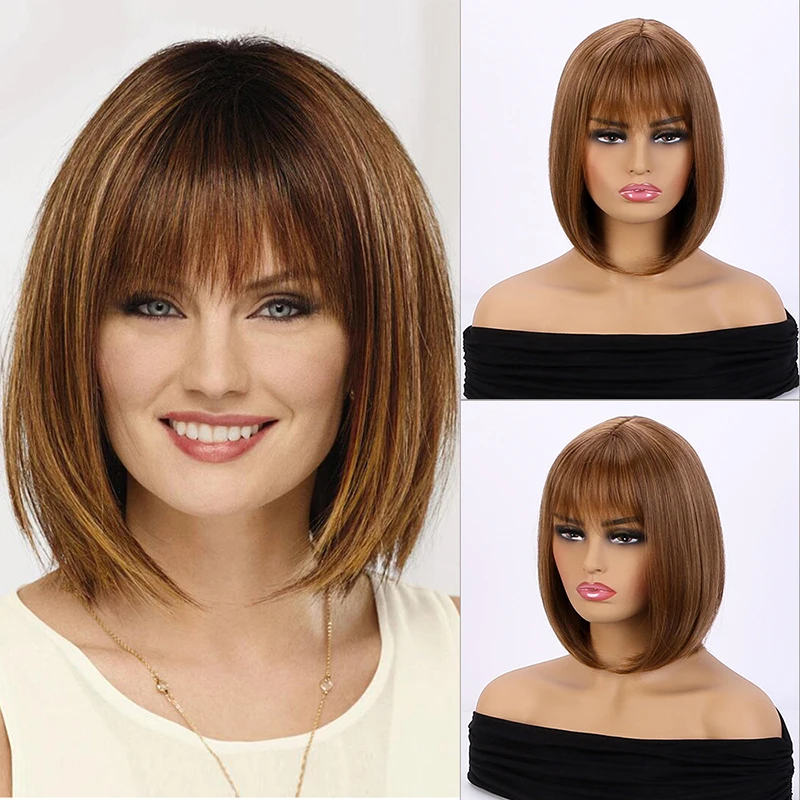 

JOY&BEAUTY Mixed Brown Wig for Women Daily Party Bob Wigs Natural Synthetic Short Hair Fashion with Bangs Heat Resistant Fiber