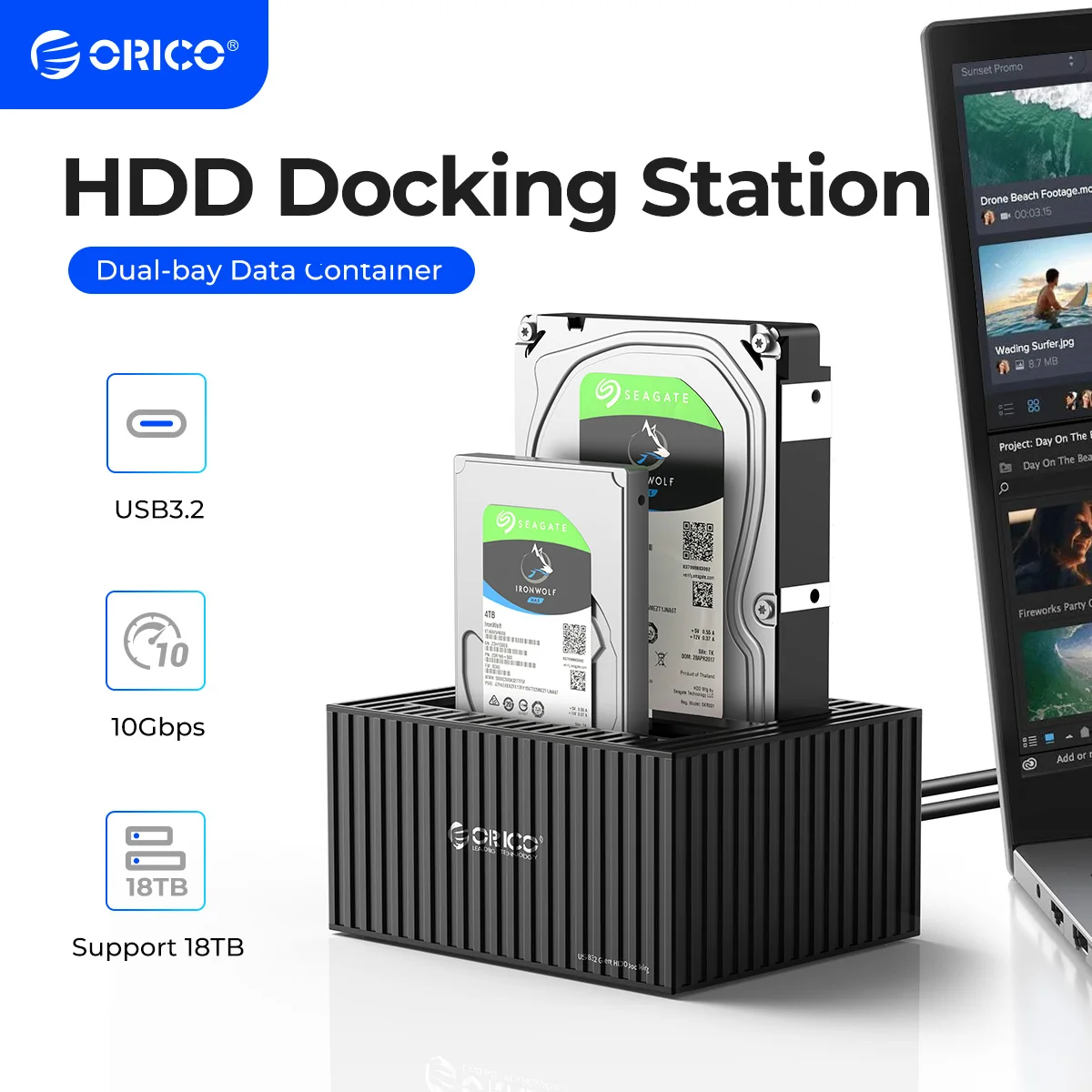 Orico-estação de Ancoragem do Disco Rígido Dual-bay Tipo-c 10gbps 2.5 Hdd Ssd 12v 3a Power Uasp Container Design 3.5 Pol