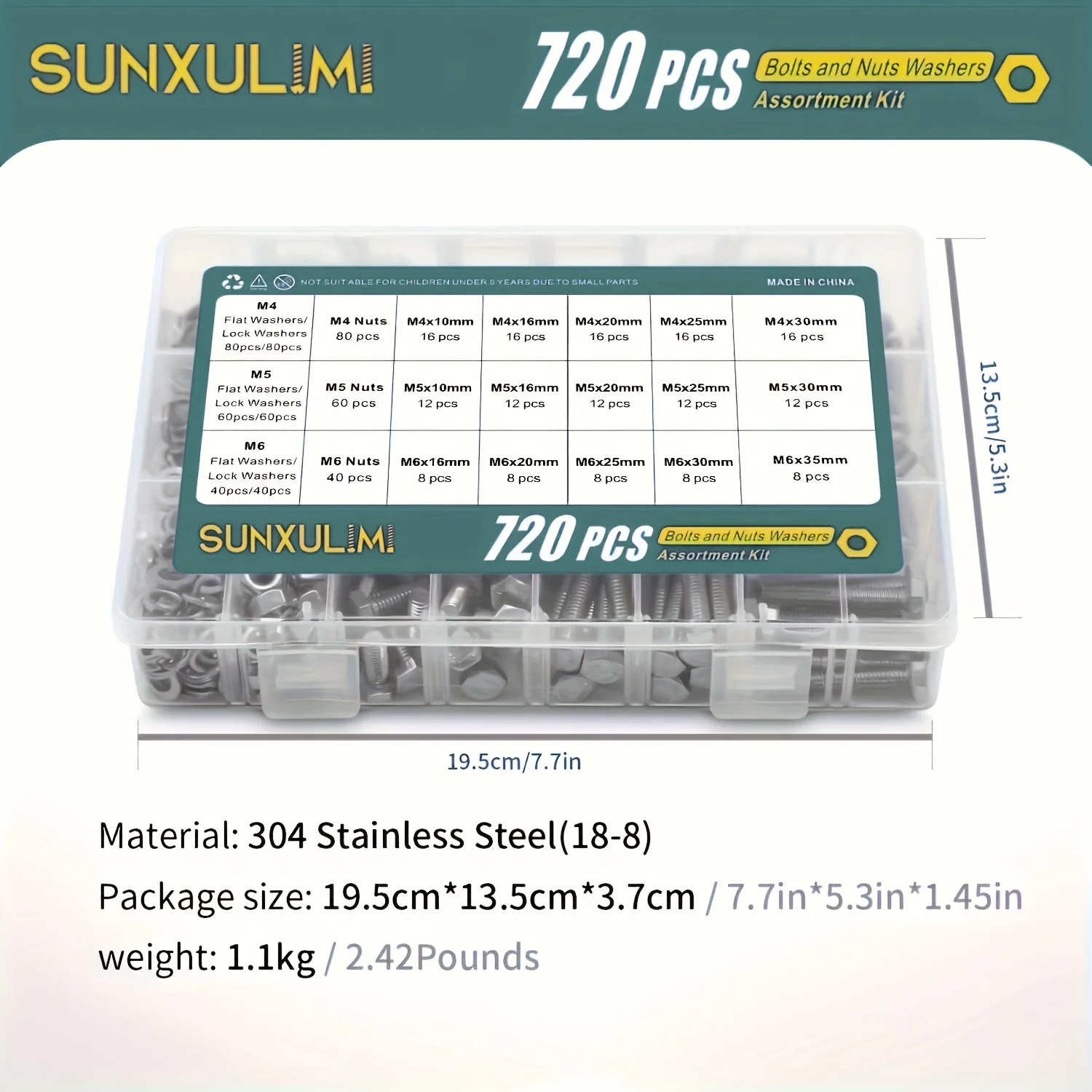 720PCS 1640PCS M4 M5 M6 Bolts and Nuts Assortment Kit 304 Stainless Steel(18-8) Hex Screws Nuts & Washers