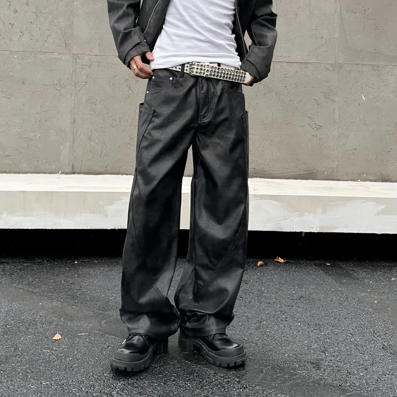 Men Brand Fashion Splice Pocket Loose Casual Wide Leg Leather Baggy Pant Cityboy Streetwear Cargo Motorcycle Pants Trousers