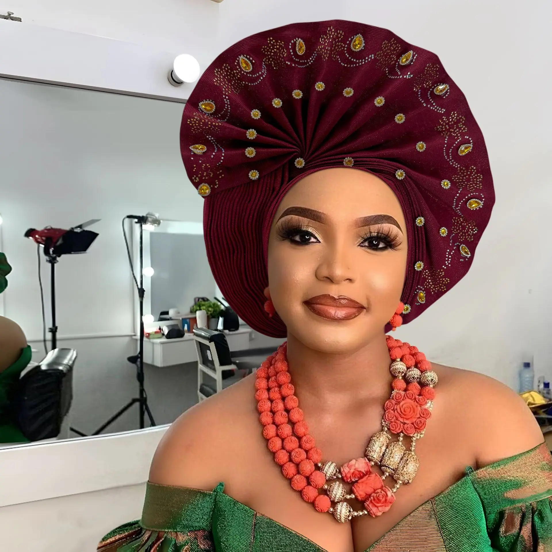 Nigeria Gele African Bride Wedding Headties Headscarf Beaded Diamond Hat Auto Headtie Bonnet Turban Head Wrap