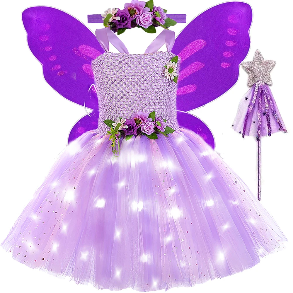 

Led Lights Purple Flowers Fairy Costumes for Girls Sparkly Jungle Elf Princess Ballet Tutus Dresses Outfit with Wings Magic Wand