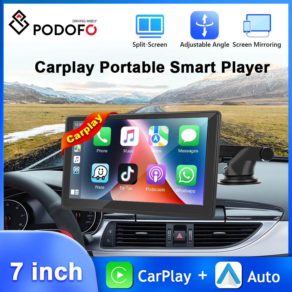 

Podofo HD Touch Screen Car Monitor 7inch DVR Dashboard Carplay Android Auto EQ Bluetooth Driving Recorder TF Card FM AUX Audio