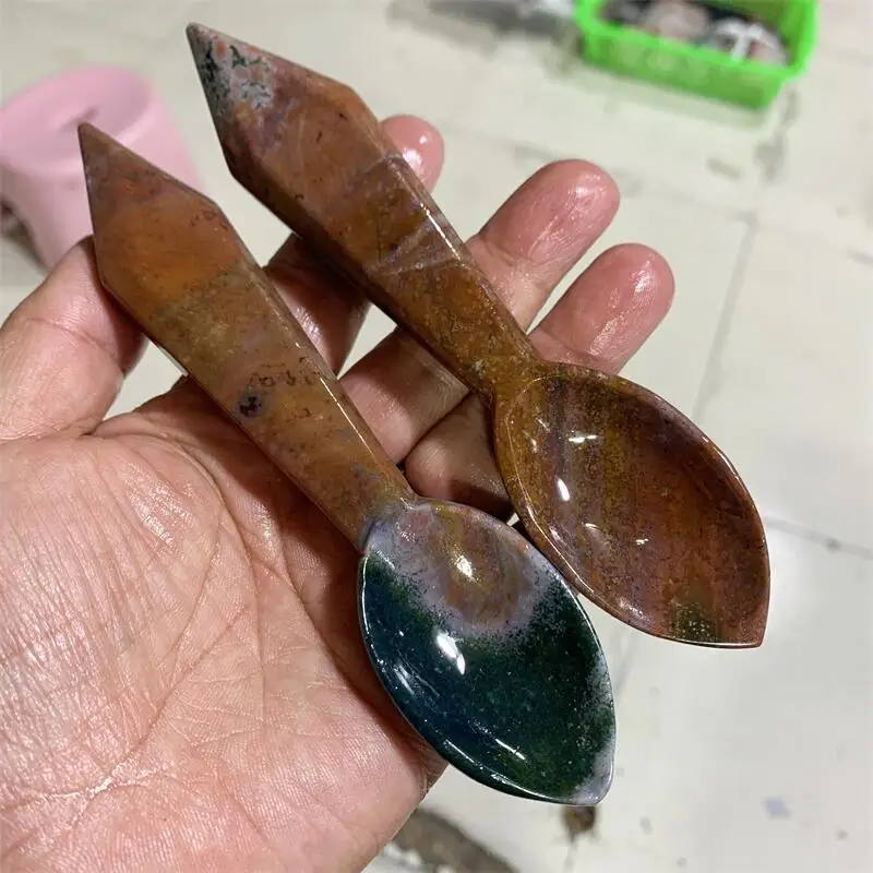 

2pcs Natural Ocean Jasper Spoon Crystal Tableware Carving Healing Creativity Home Decoration Christmas Present