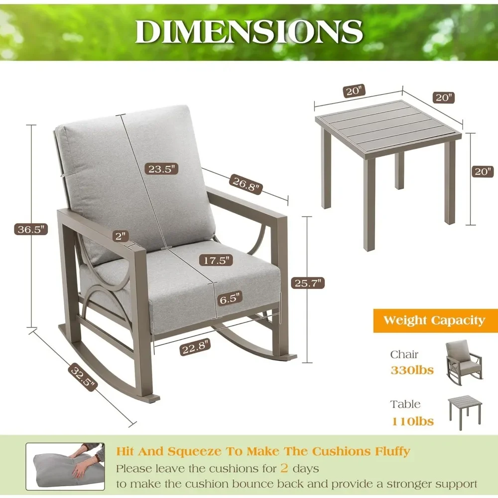 3 Pieces Patio Furniture Set,Outdoor Rocking Chair Bistro Set,for Porch,Balcony,Backyard,Outside,Poolside 4