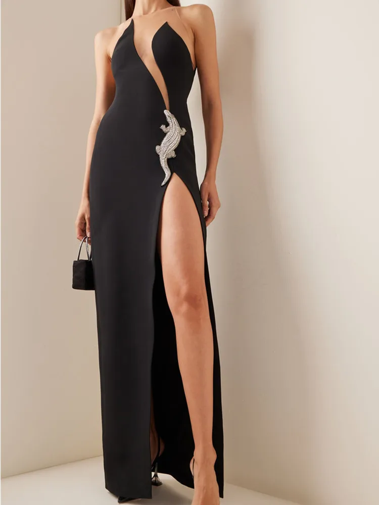 

New Women Summer Sexy Mesh High Split Crystal Diamonds Maxi Long Bodycon Bandage Dress 2022 Elegant Evening Club Party Dress