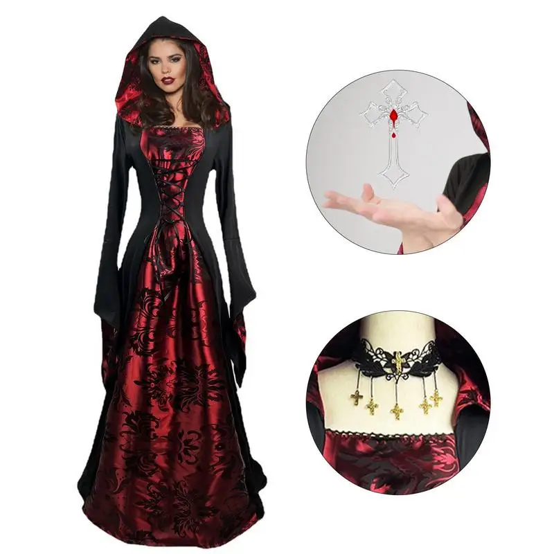 Vampire Cosplay Costumes For Women Renaissance Vampire Dress Medieval Cape Dress Hooded Robe Halloween Witch Costume