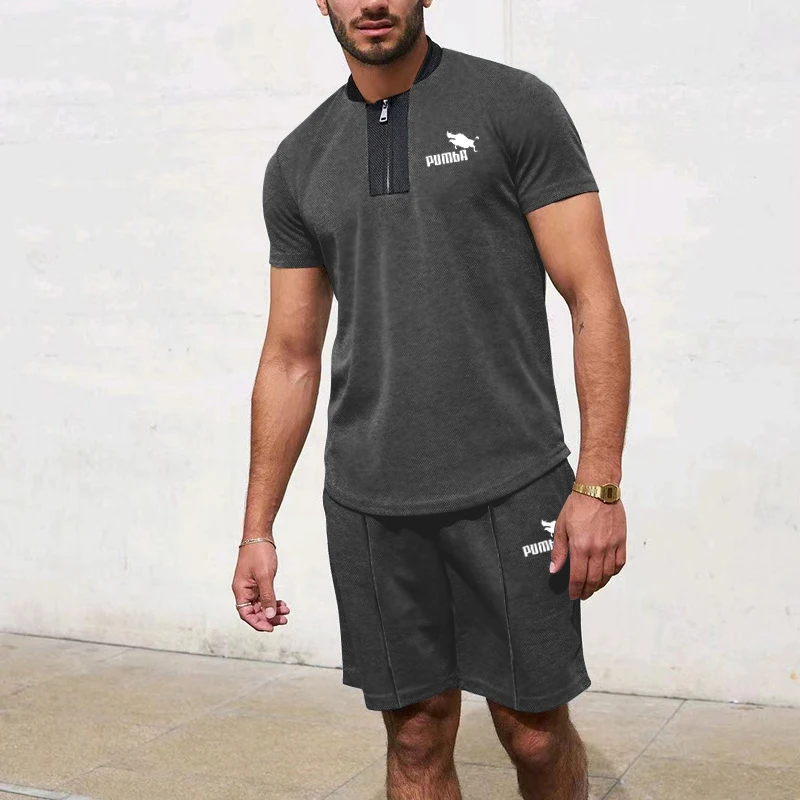 Summer New Men's Sportswear Comfortable Waffle Fabric Casual Sports Zipper Stand Collar T-shirt And Shorts Suit Men's Clothing