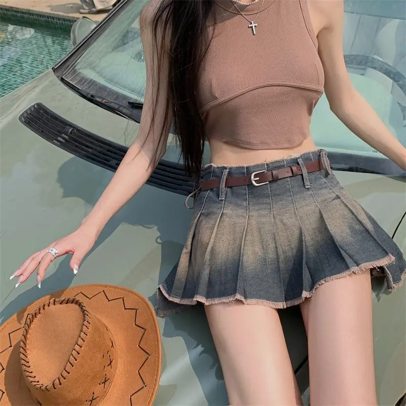 2024 New Retro Denim Skirt Women's Summer Sexy Pleated High Waist Skirt