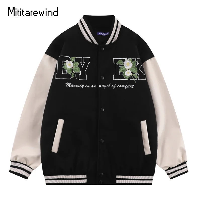 

Hip Hop Streetwear Spring Autumn Couple Jacket Fashion Letter Floral Embroidery PU Leather Sleeve Patchwork Baseball Jacket Men