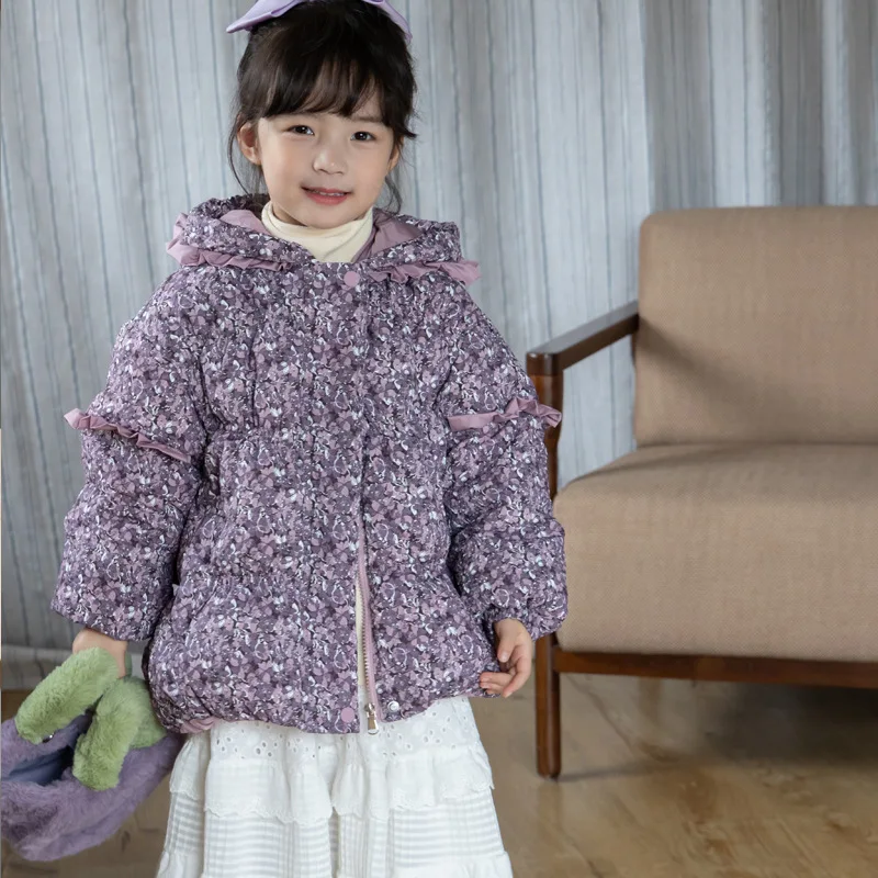 

Детский пуховик с кружевом и капюшоном для девочек-подростков, теплая универсальная зимняя куртка с цветочным узором, зима 2023