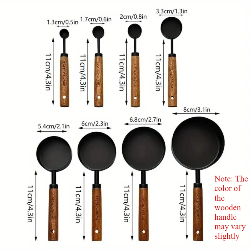 Measuring Cup and Spoon Set 8 Piece Stainless Steel with Wooden Handle Baking Coffee Tools